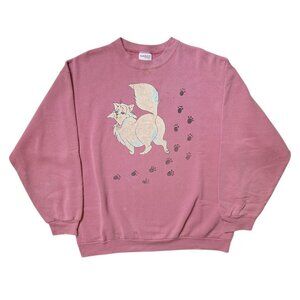 90s vintage Faded cat cartoon sweatshirt pink crewneck kitten footprint Sunbelt.